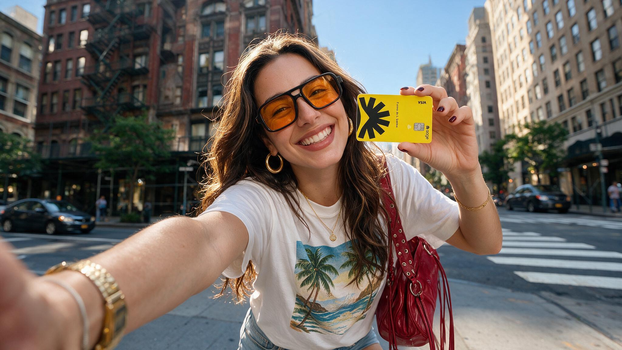 Mulher sorrindo tirando uma selfie numa rua da cidade, segurando um cartão AAGE amarelo